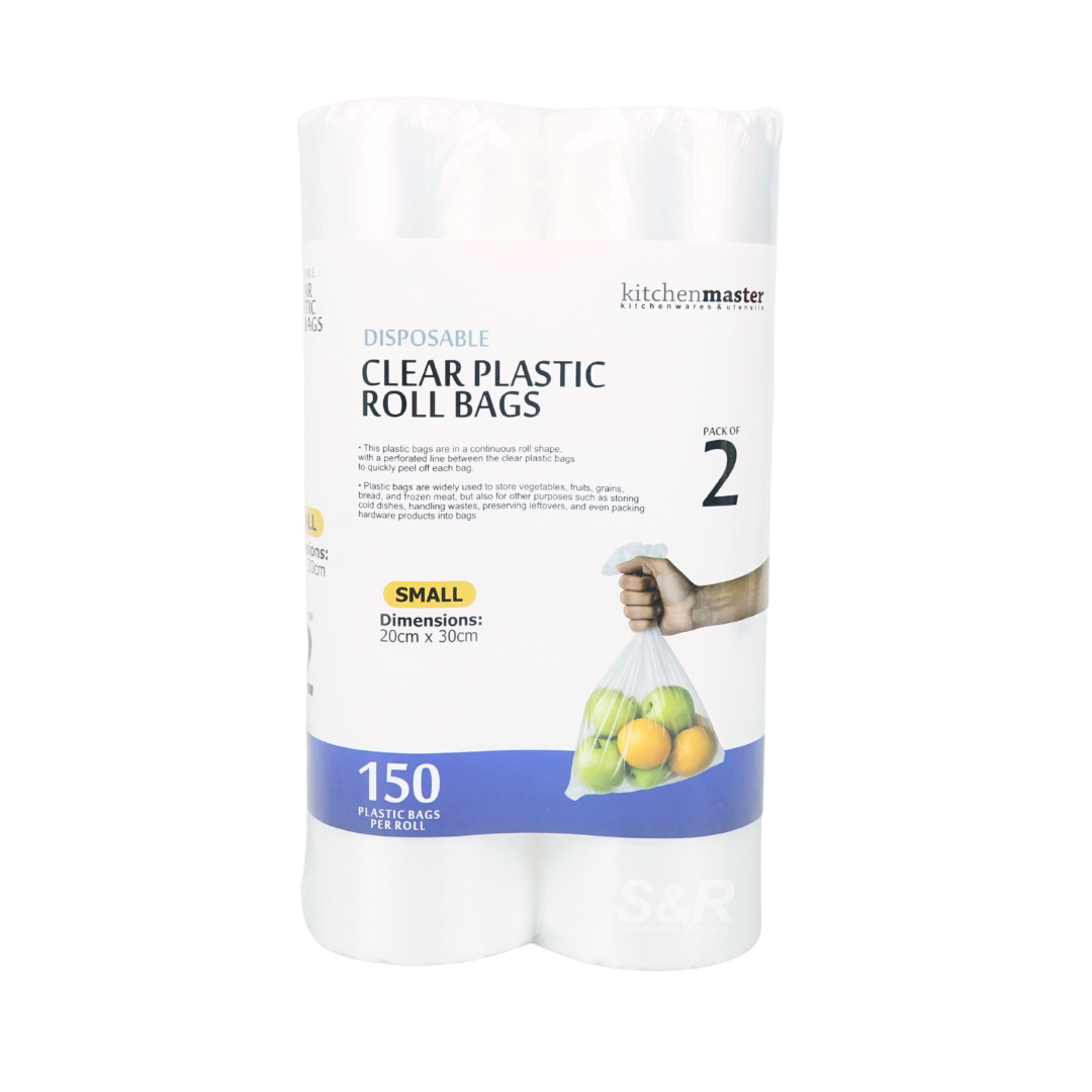 Kitchen Master Disposable Clear 150 Plastic Roll Bags 20cm x 30cm Pack of 2